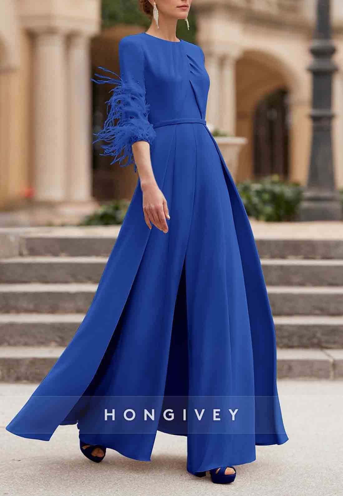 Feather A-line Floor-Length Pleated 3/4 Sleeve Mother of the Bride