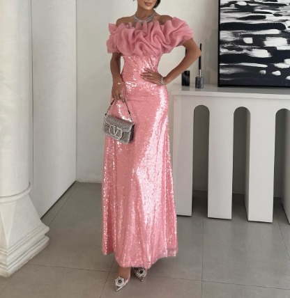 Shiny Off The Shoulder Sequin Mermaid Evening Dress Pink Long Party Gown D1231