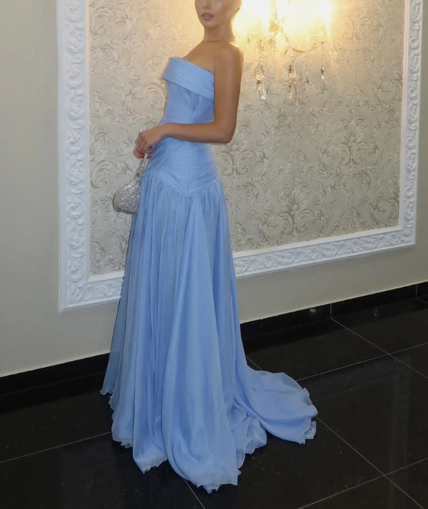 Elegant Strapless Blue Chiffon Pleated Mermaid Evening Dress Long Wedding Guest Dress D1023
