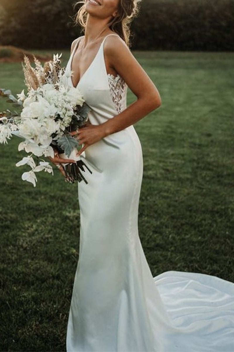 K1348 - V-Neck Spaghetti Straps Lace Satin Mermaid Long Wedding Dress - Fashionpara