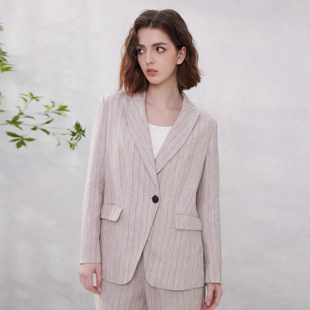 Luxury Formal Stripe Linen Ladies Office Elegant Chic Blazer - Fashionpara
