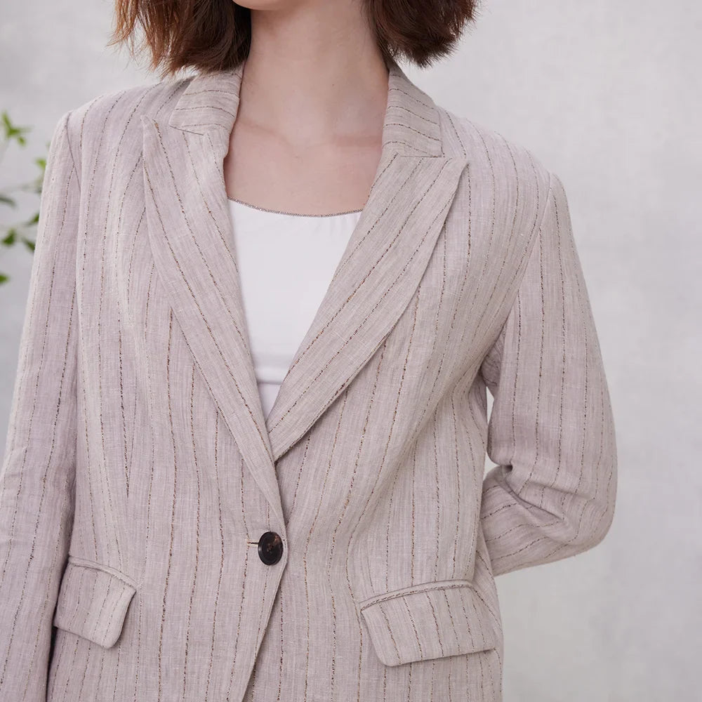 Luxury Formal Stripe Linen Ladies Office Elegant Chic Blazer - Fashionpara