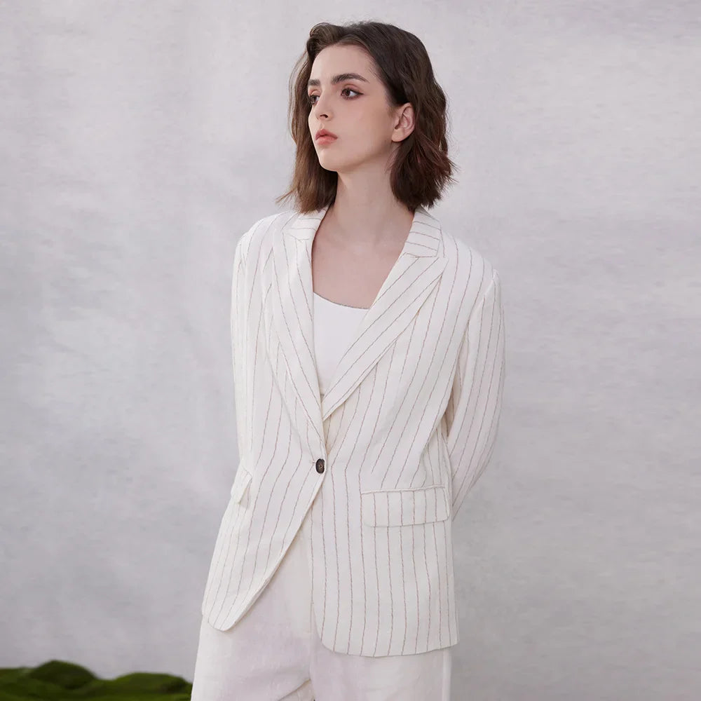 Luxury Formal Stripe Linen Ladies Office Elegant Chic Blazer - Fashionpara