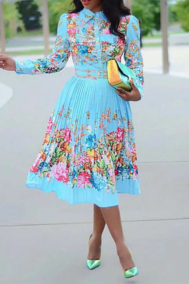 Fashion Long Sleeve Pleated Print Dresses  Fashionpara