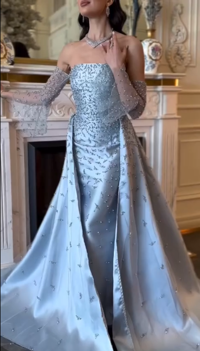 Gorgeous Blue Satin Tulle Beaded Mermaid Evening Dress Long Birthday Party Dress D1252