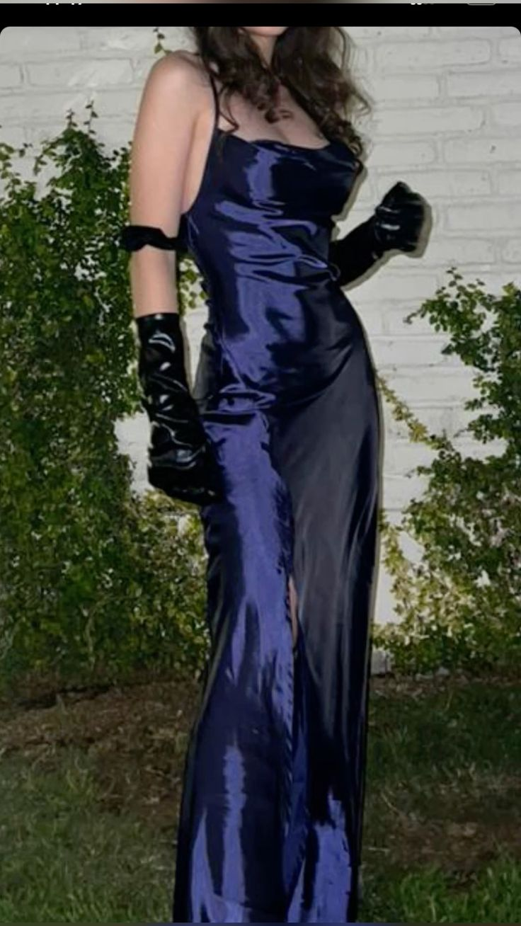 Stylish Spaghetti Straps Navy Blue Slit Mermaid Evening Dress Long Prom Gown D1398