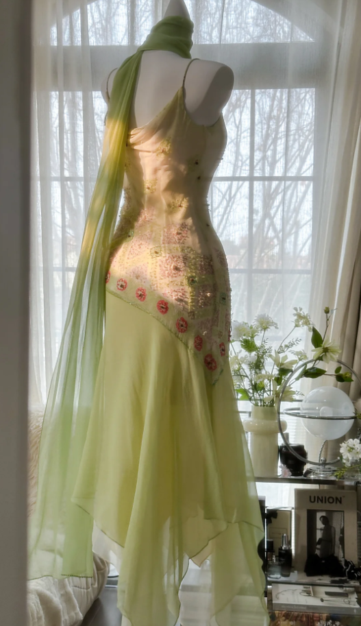 Classy Spaghetti Straps Light Green Chiffon Beaded Mermaid Long Party Dress Evening Gown D1790