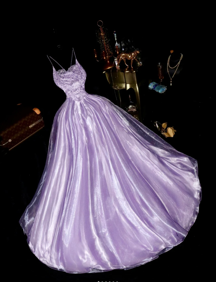 Pretty Spaghetti Straps Lavender Tulle Beaded Embroidery Mermaid Evening Dress Long Birthday Prom Gown D1427