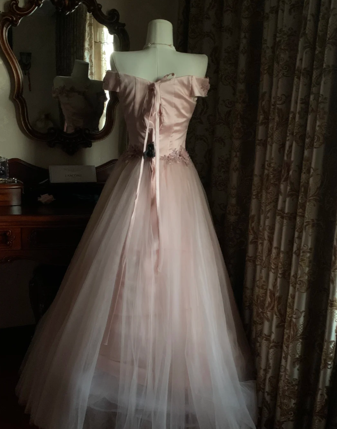 Sweet Pink Off The Shoulder Satin Tulle Appliques Long Birthday Party Dress Prom Gown D1748