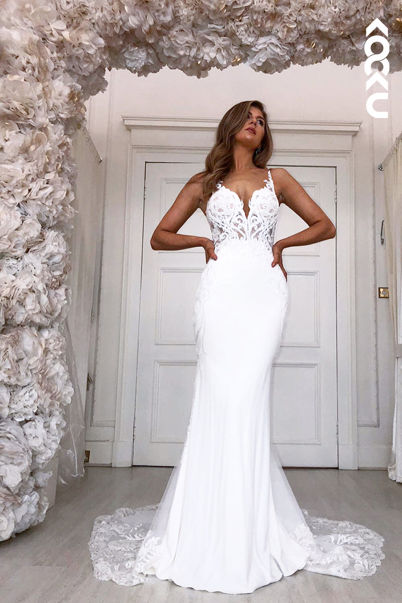 K936 - Trumpet/Mermaid V-Neck Satin Appliques Sleeveless Mermaid Wedding Dress - Fashionpara