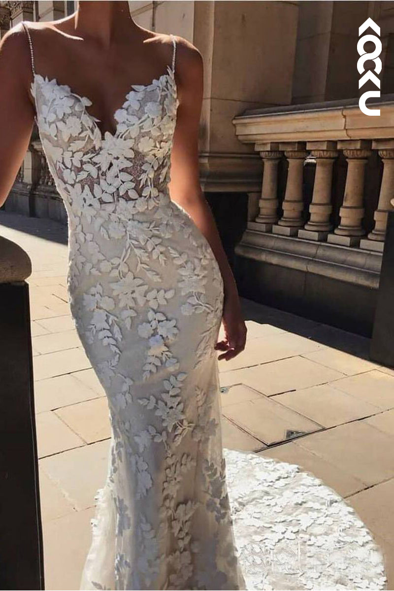 K937 - Trumpet/Mermaid V-Neck Tulle Appliques Backless Beach Wedding Dress - Fashionpara