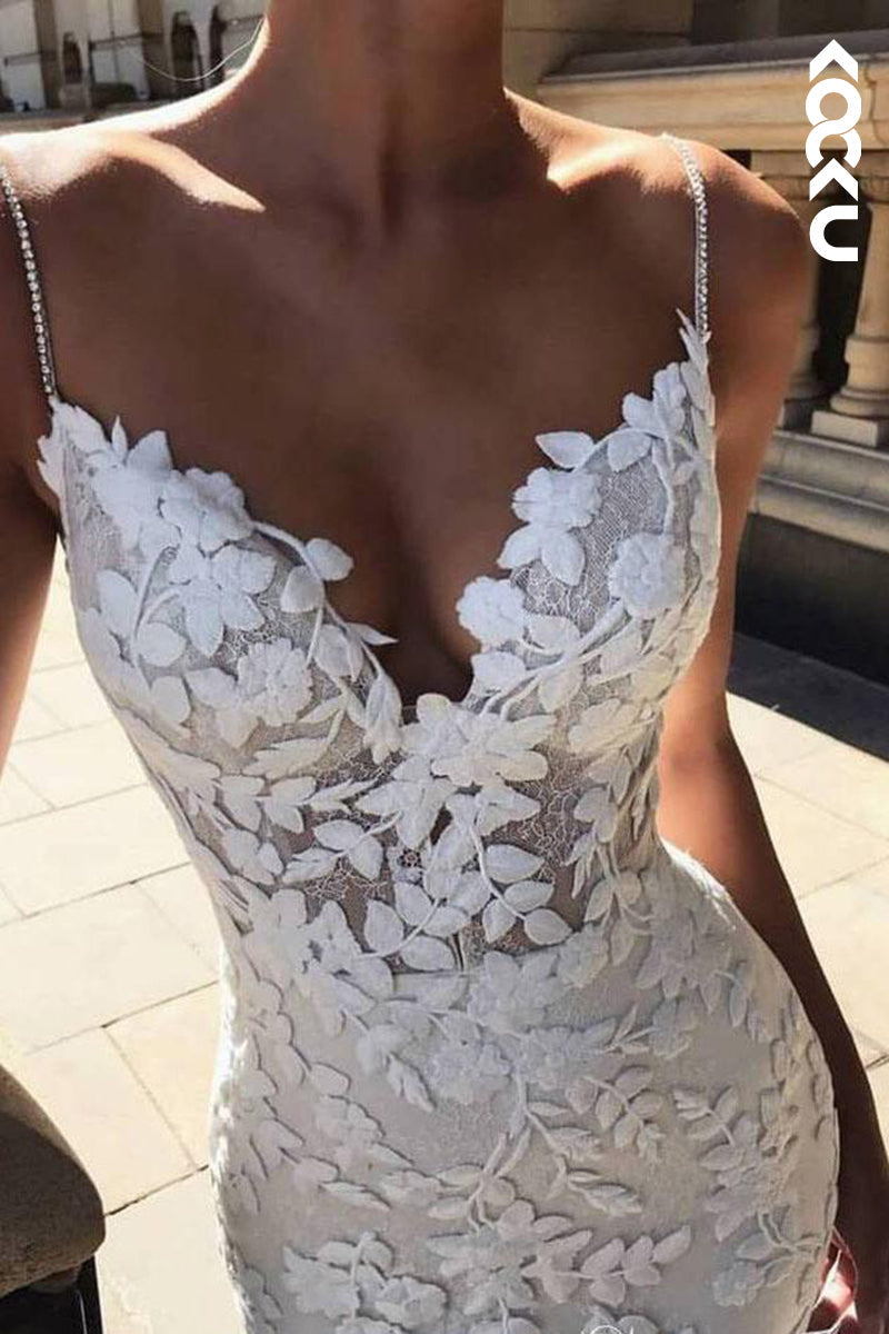 K937 - Trumpet/Mermaid V-Neck Tulle Appliques Backless Beach Wedding Dress - Fashionpara