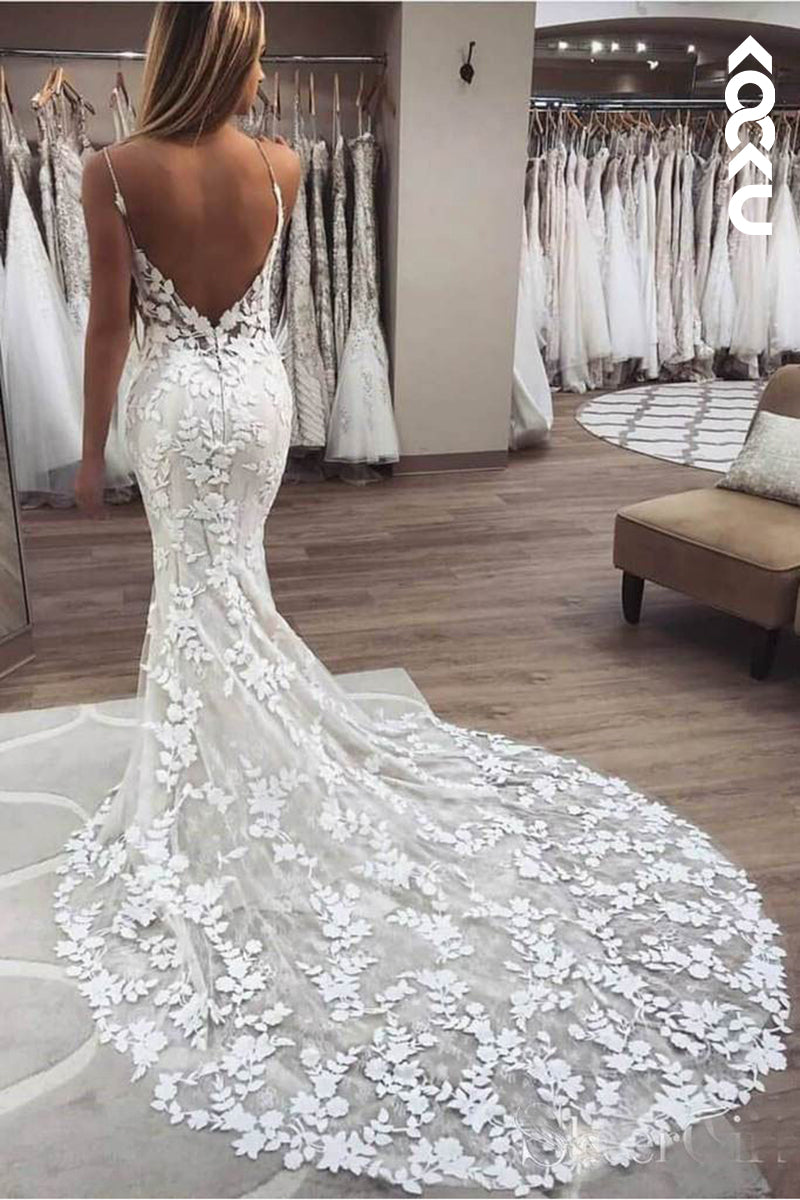 K937 - Trumpet/Mermaid V-Neck Tulle Appliques Backless Beach Wedding Dress - Fashionpara