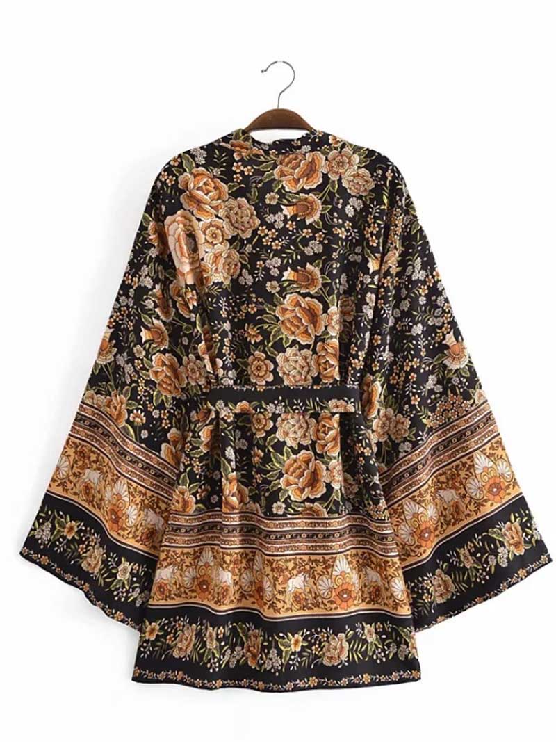 Short Length Floral Print Black Color Cotton Gown Kimono Duster Robe 2