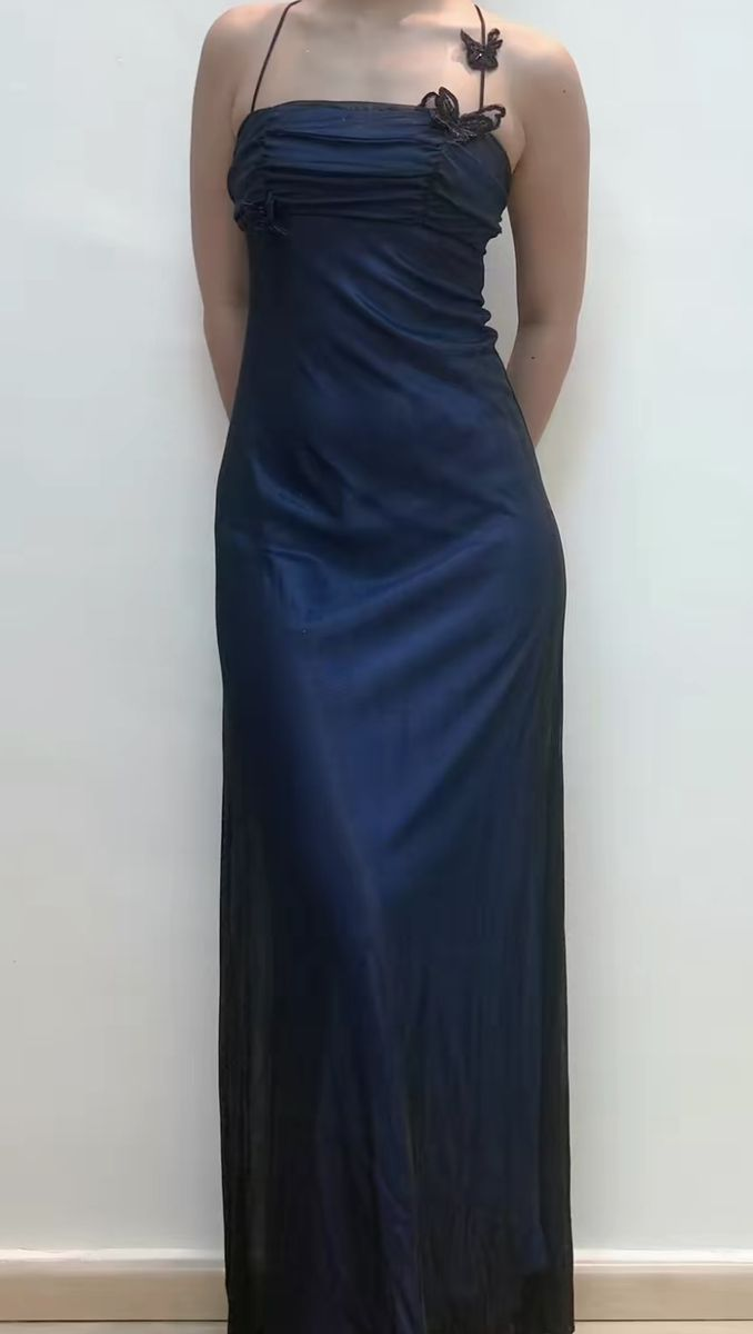 Sexy Halter Navy Blue Chiffon Sheath Long Evening Dress Birthday Prom Dresses D1693