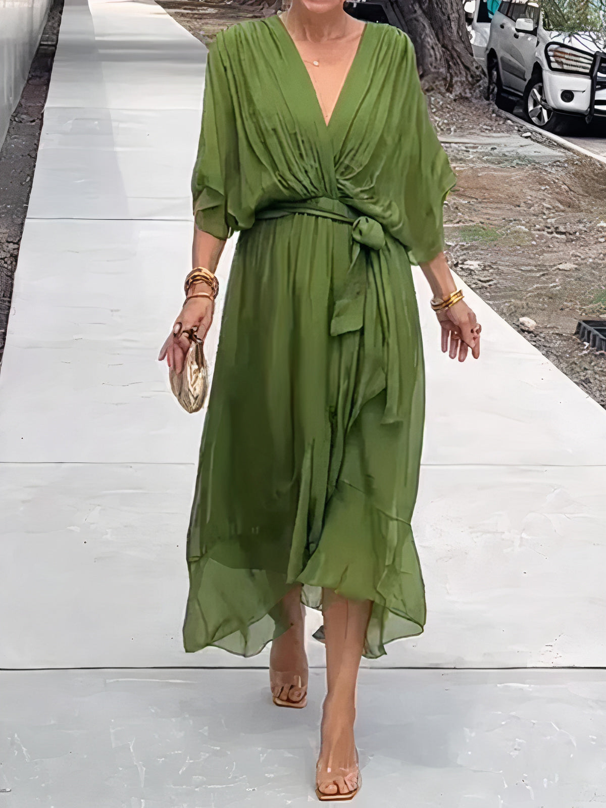 Chiffon Deep V-Neck Flutter Sleeve Wrap Tie Waist High Low Midi Dress