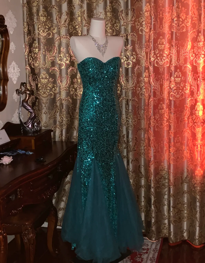 Vintage Strapless Green Tulle Sequin Mermaid Evening Dress Long Wedding Guest Dress Party Gown D1753