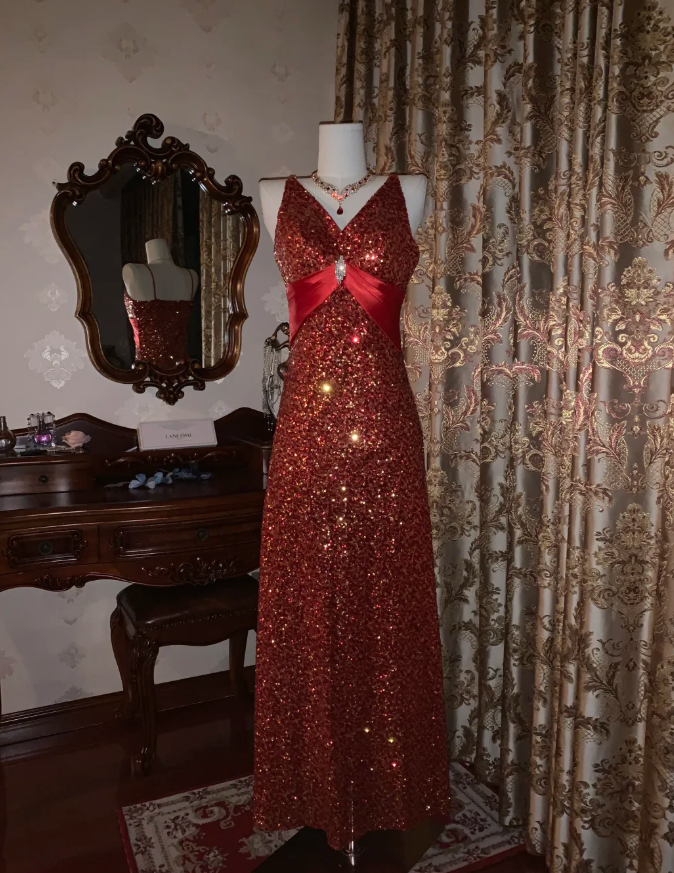 Vintage Red V Neck Sequin Beaded Mermaid Party Dress Long Evening Gown D1724