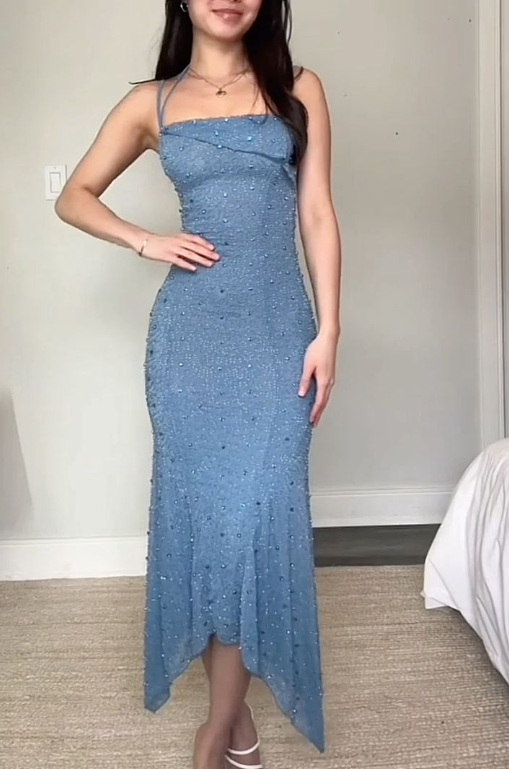 Fashion Spaghetti Straps Blue Sequin Beaded Mermaid Party Dress Formal Wedding Guest Dress D896