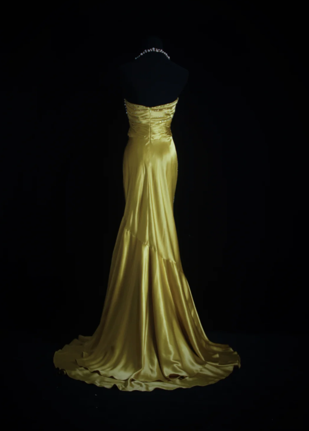 Stylish Strapless Gold Satin Pleated Beaded Mermaid Long Birthday Party Dress Evening Dress D1684