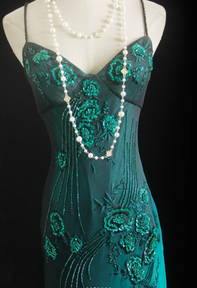 Vintage Spaghetti Straps Ombre Green Chiffon Beaded Evening Dress Mermaid Long Prom Gown D1682