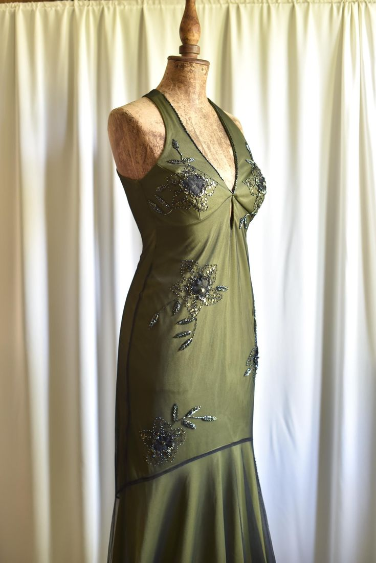 Vintage Olive Green Satin Tulle Beaded Mermaid Evening Dress Backless Long Party Dress D1405