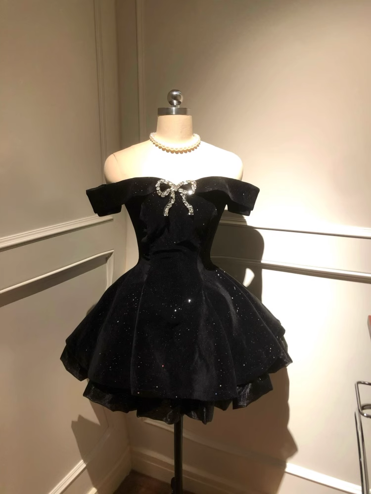 Black Off The Shoulder  Velvet Short Party Dress Birthday Dress S212