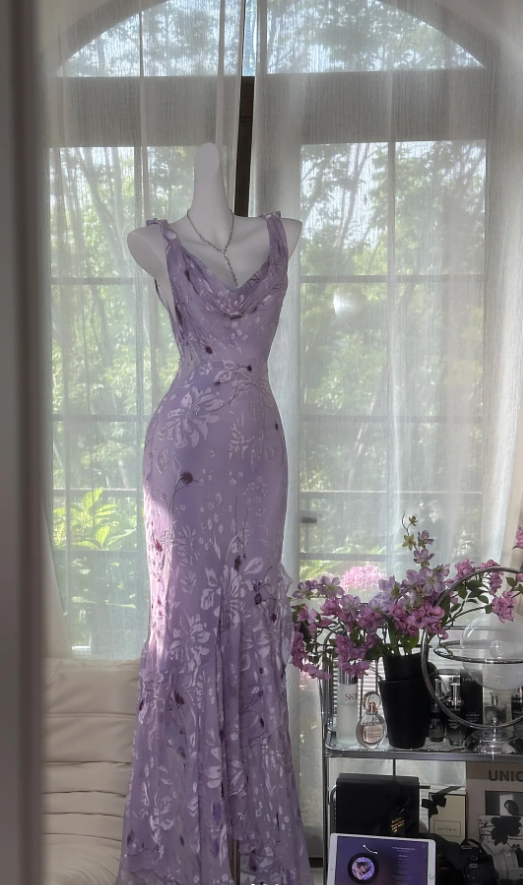Pretty Lilac Chiffon Print Floral Beaded Mermaid Prom Dress Long Evening Dress D927