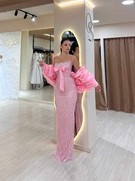 Gorgeous Spaghetti Straps Pink Sequin Beaded Mermaid Evening Dress Long Party Dress D1438