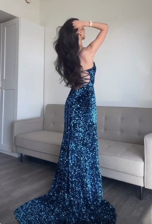 Sparkly Mermaid Sequin Blue Long Prom Dress Spaghetti Straps Evening Dress D1511
