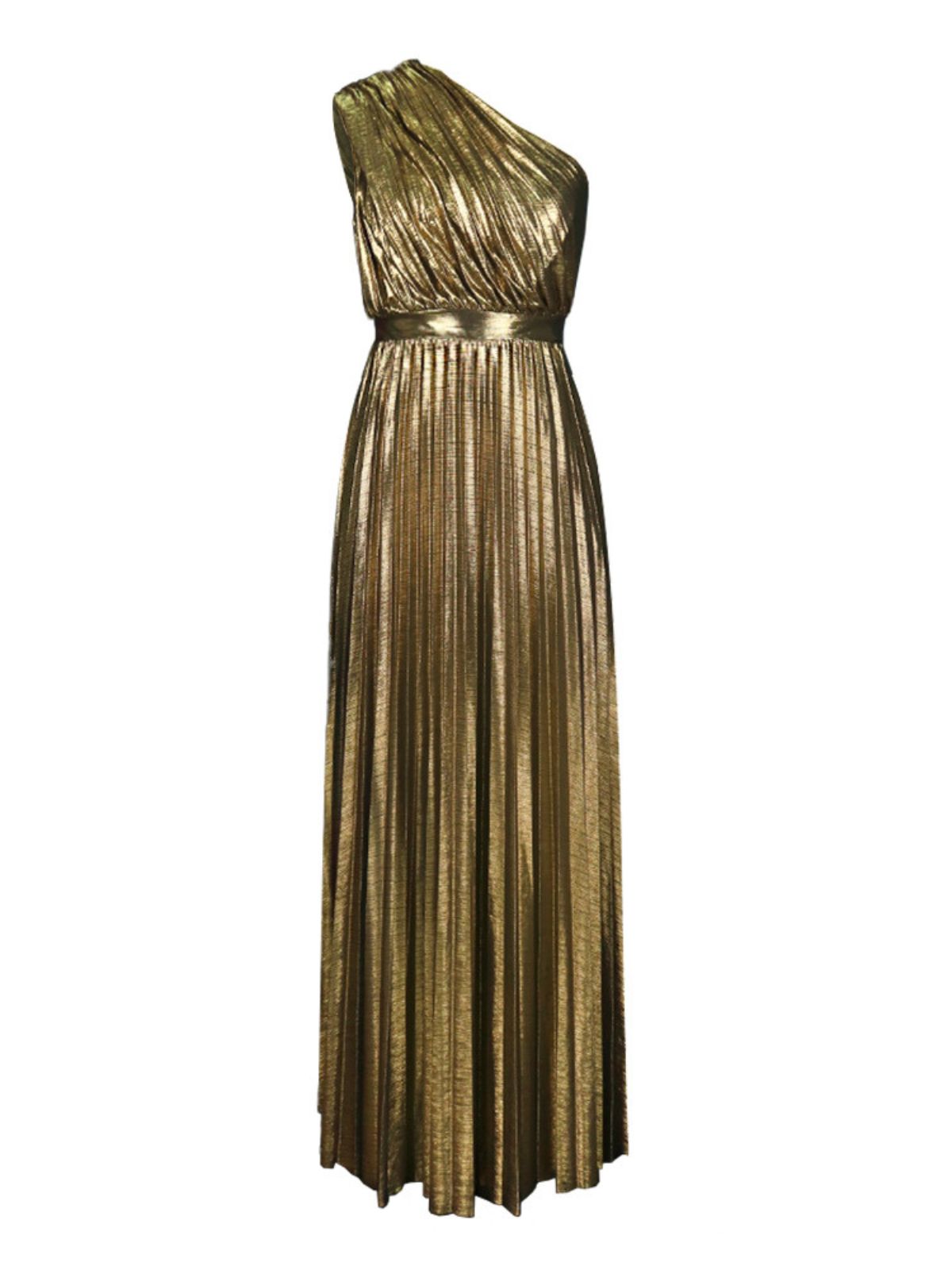 Metallic Pleated One Shoulder Belted A-Line Maxi Dress - View 6
