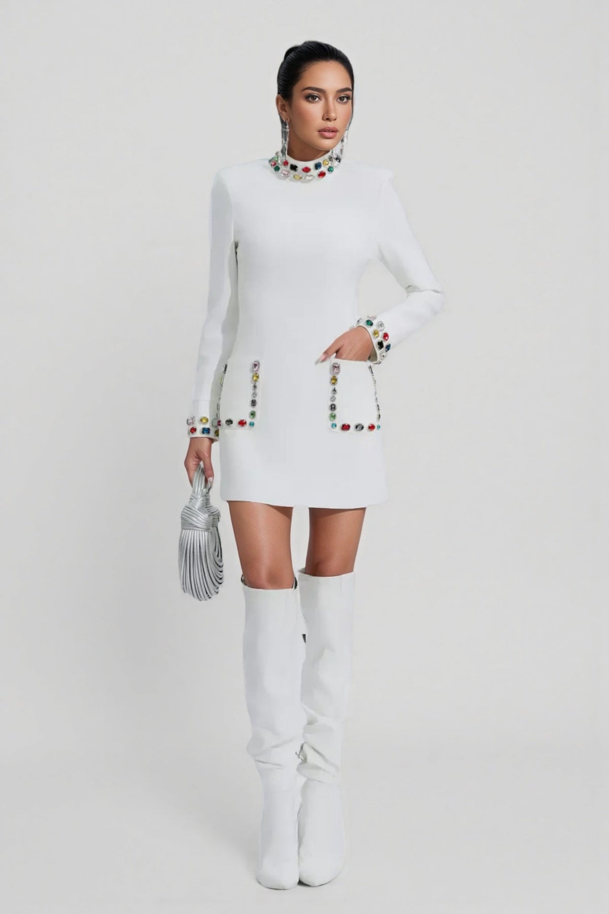 Gemstone Embellished Mock Neck Long Sleeve Patch Pocket Mini Dress