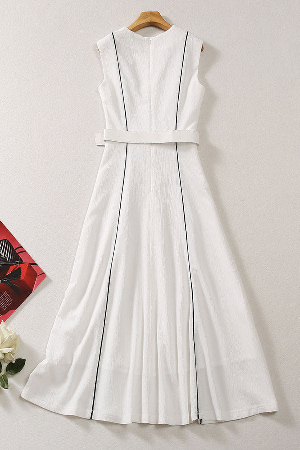 Round Neck Sleeveless Contrast-Trim A-Line Midi Dress