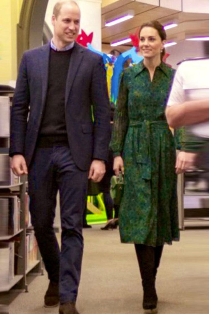 Kate Middleton Dark Green Peacock Print Lace-up Shirt Dress