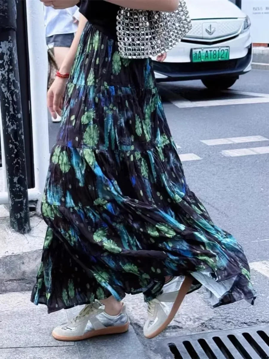 Kawaii Bohemian Floral Maxi Skirt Summer Retro Romantic