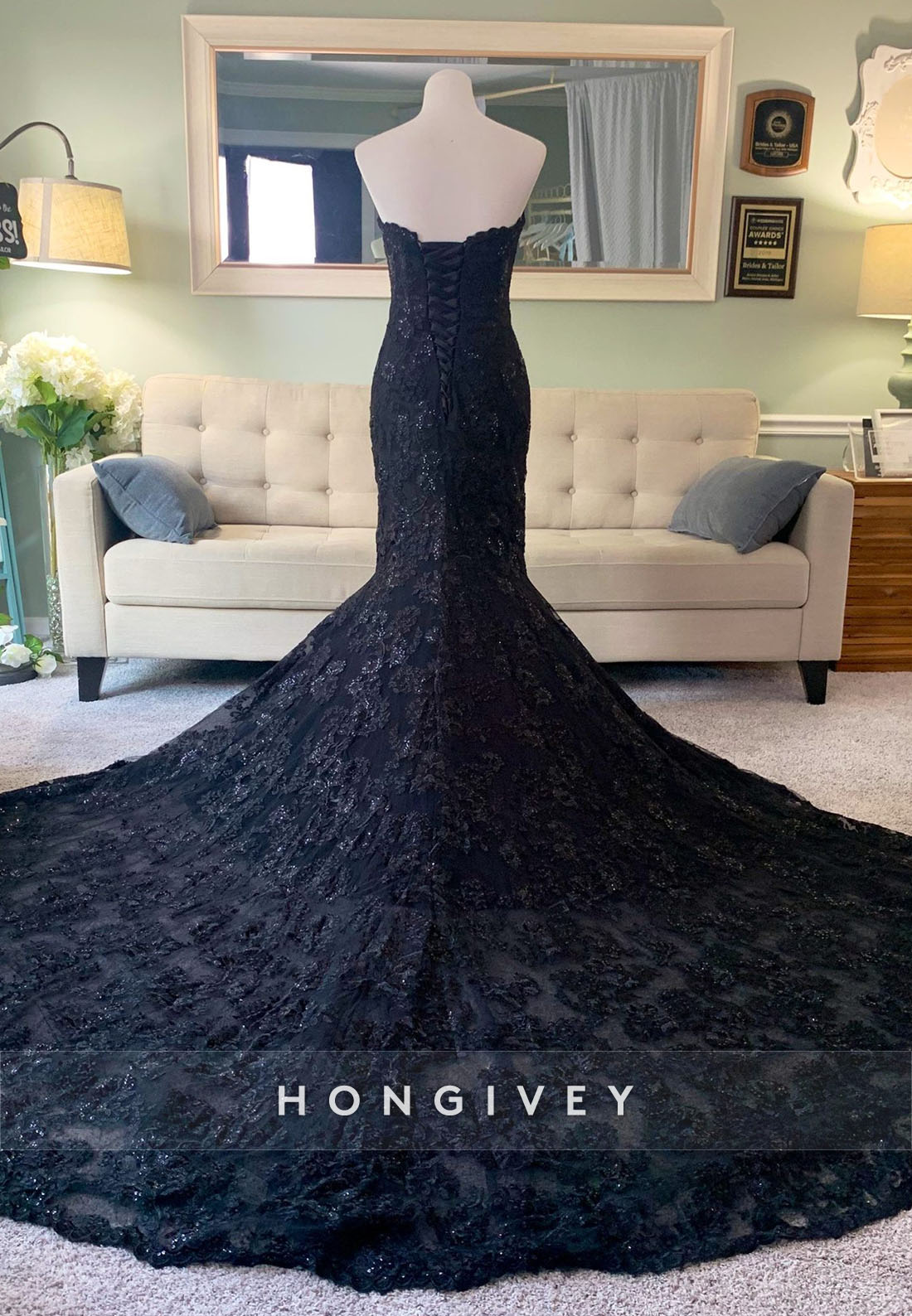 Gothic Black Mermaid Wedding Dress with Cape Veil & Removable Sleeves