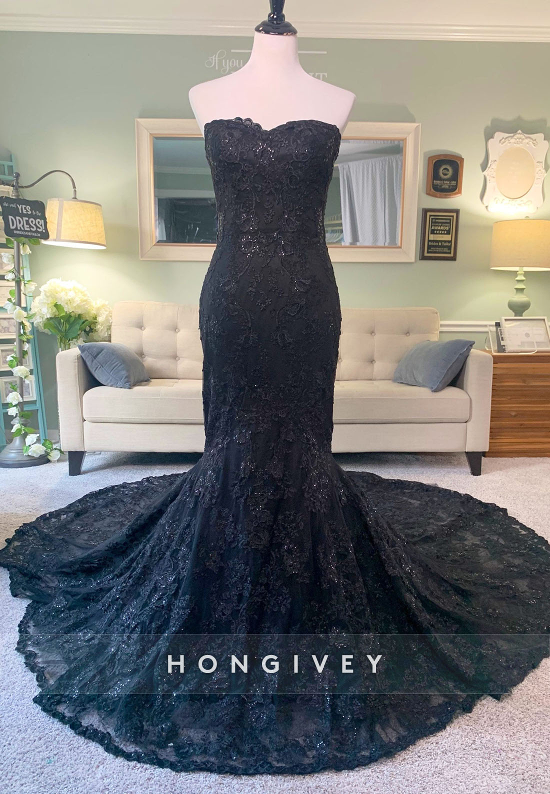 Gothic Black Mermaid Wedding Dress with Cape Veil & Removable Sleeves