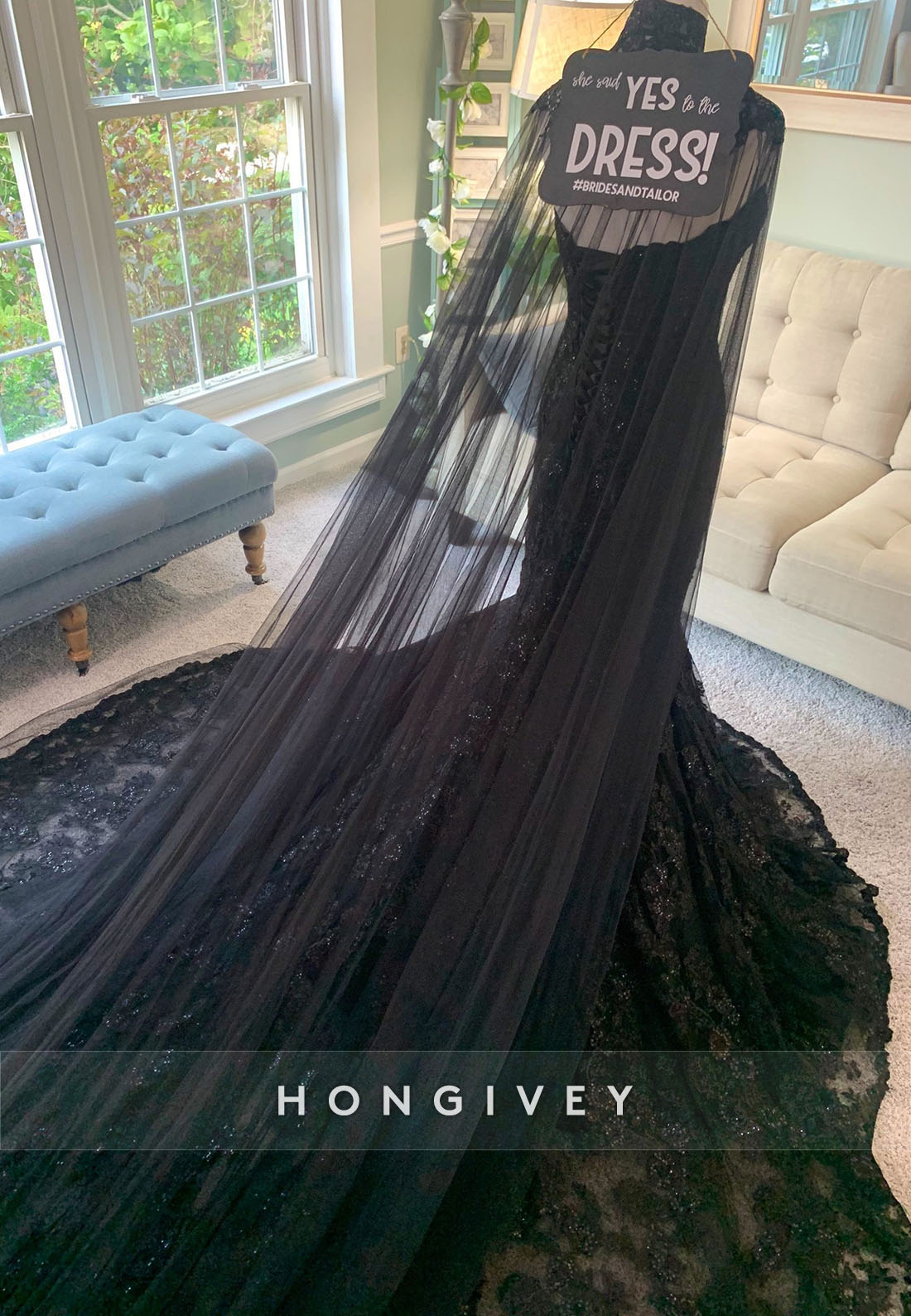 Gothic Black Mermaid Wedding Dress with Cape Veil & Removable Sleeves