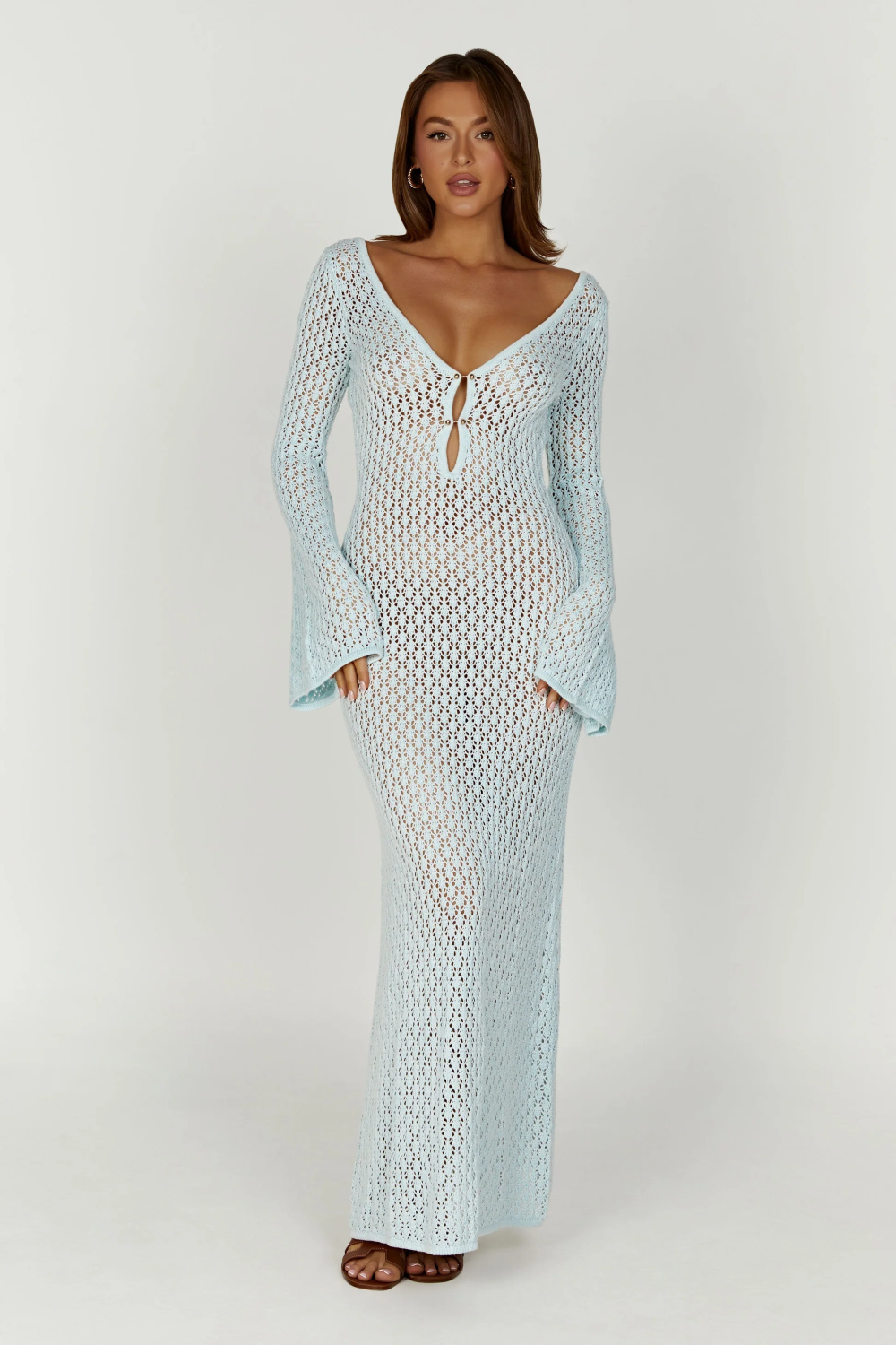 Geometric Crochet Deep V-Neck Keyhole Bell Sleeve Bodycon Maxi Dress - View 10