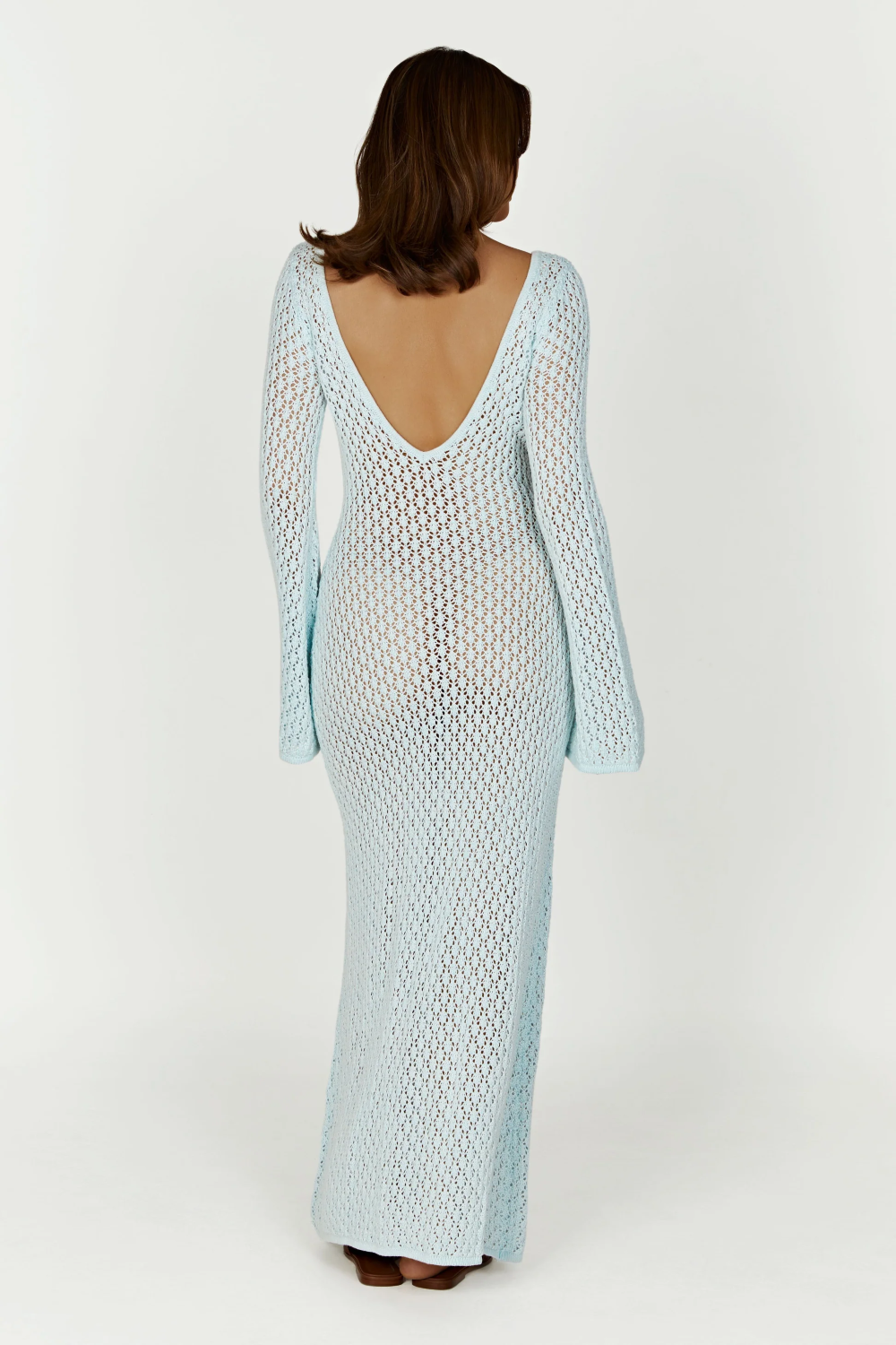 Geometric Crochet Deep V-Neck Keyhole Bell Sleeve Bodycon Maxi Dress - View 5