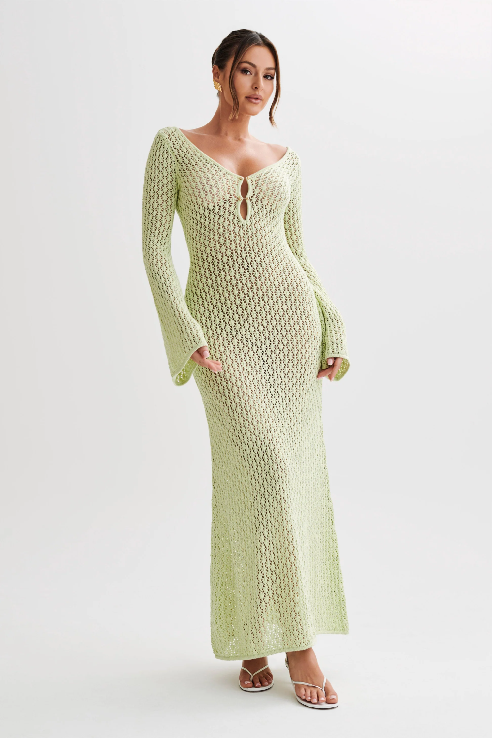 Crochet Knit Deep V-Neck Bell Sleeve Keyhole Maxi Dress - View 10