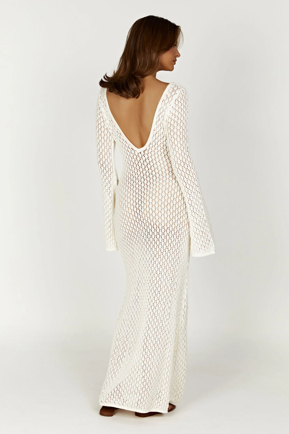 Crochet Knit Deep V-Neck Bell Sleeve Keyhole Maxi Dress - View 3