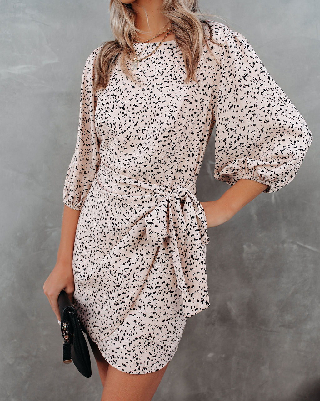 Printed Boat Neck Puff Sleeve Wrap Mini Dress