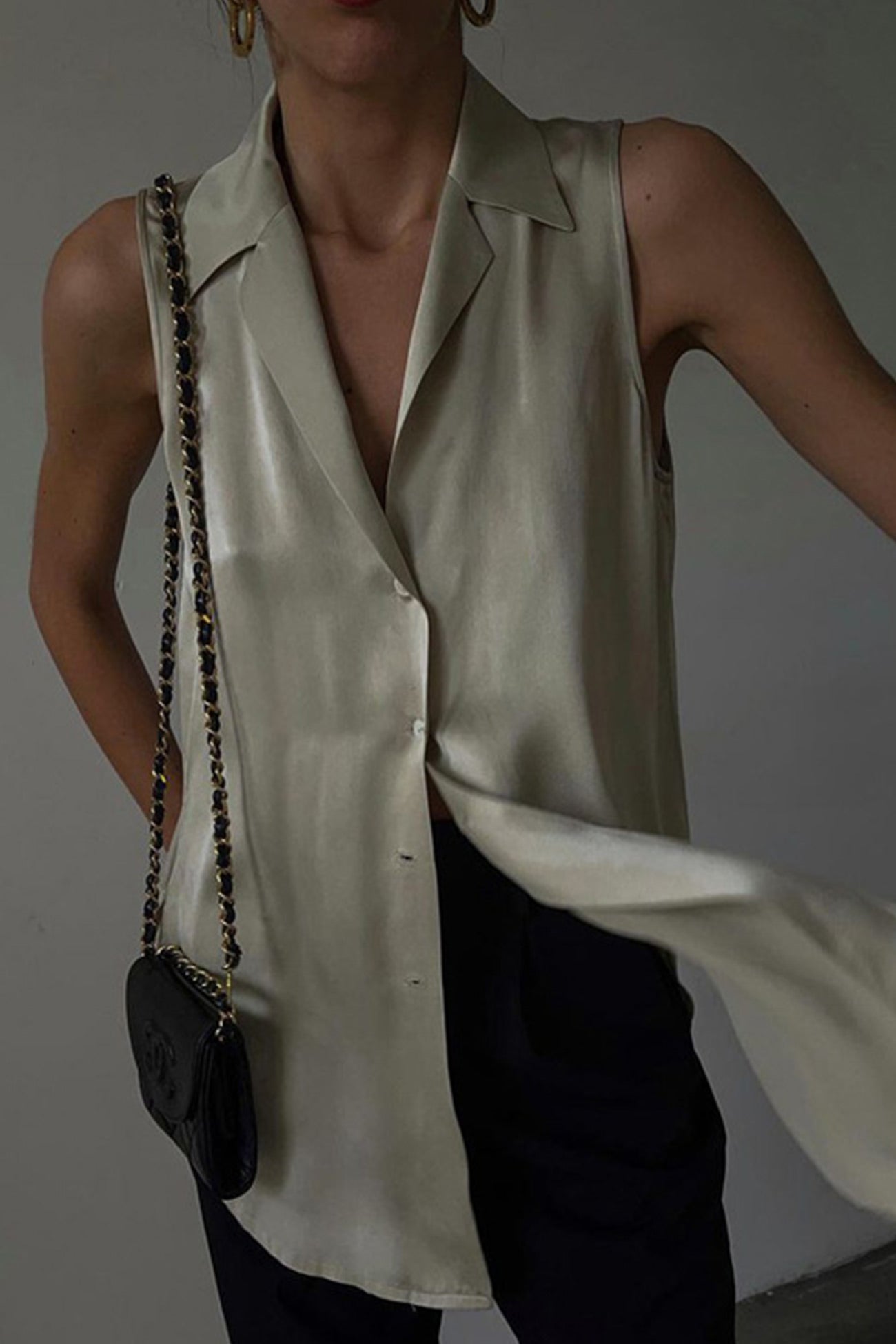 Khaki Satin Lapel Cardigan Tank Top for Elegant Style