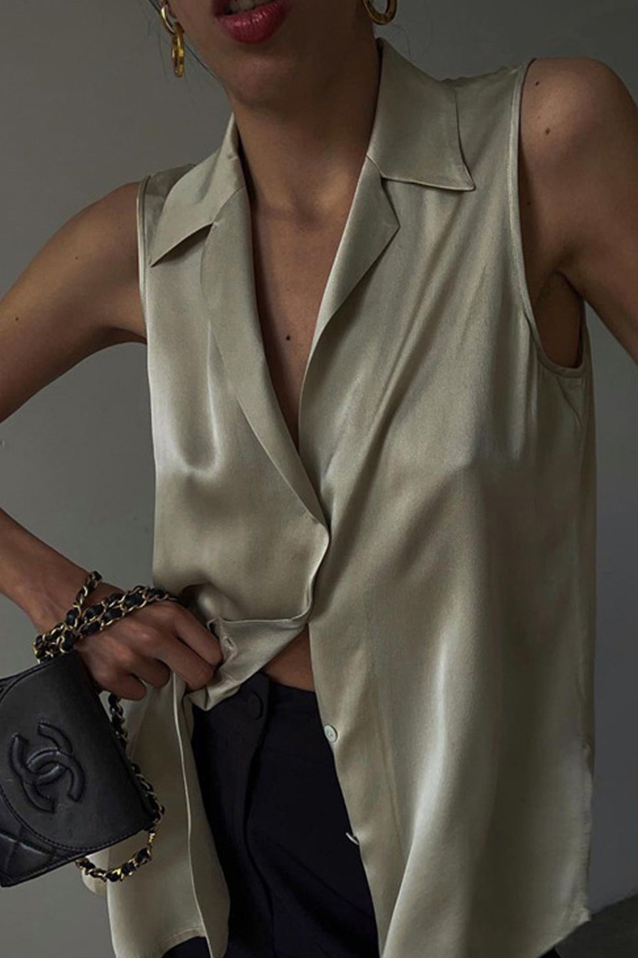 Khaki Satin Lapel Cardigan Tank Top for Elegant Style