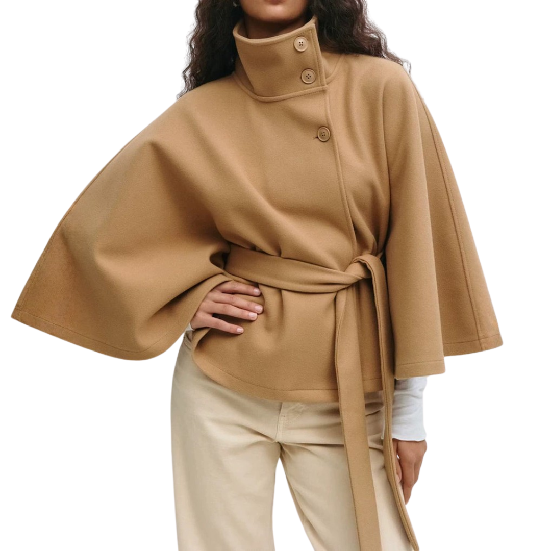 High Neck Button Belted Cape Coat