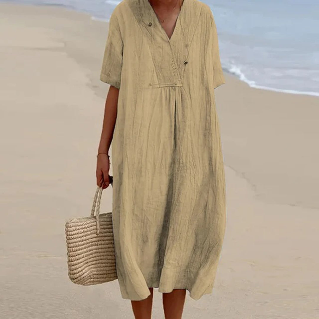 Split Neck Short Sleeve Linen Midi Dress 4