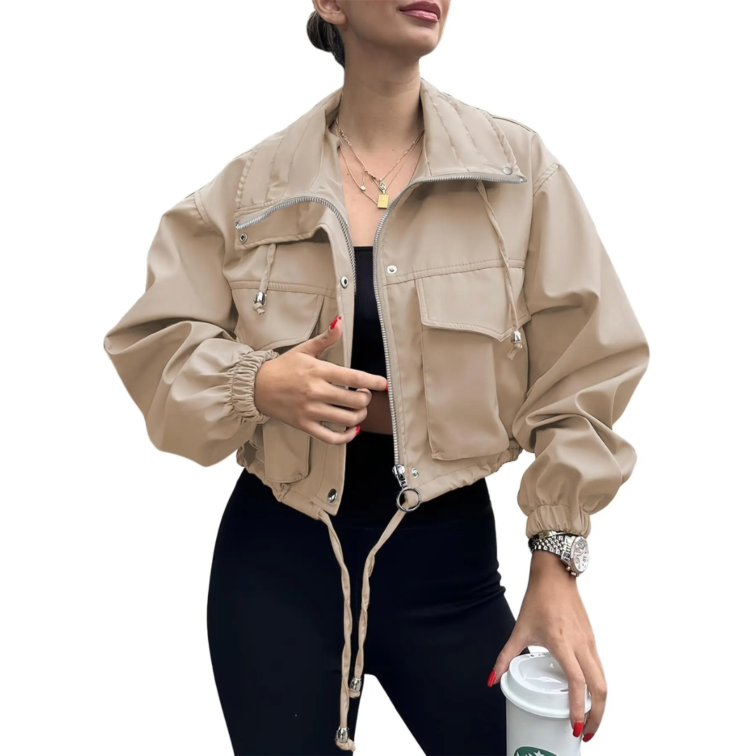 Zip Front Stand Collar Cargo Pocket Cropped Jacket