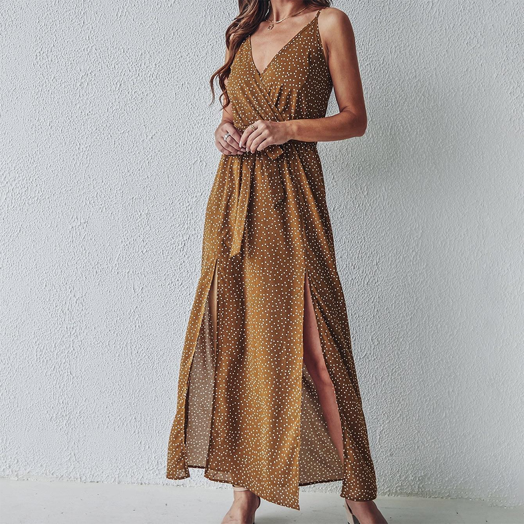 Spaghetti Strap V-Neck Wrap High Split Maxi Summer Dress - View 4