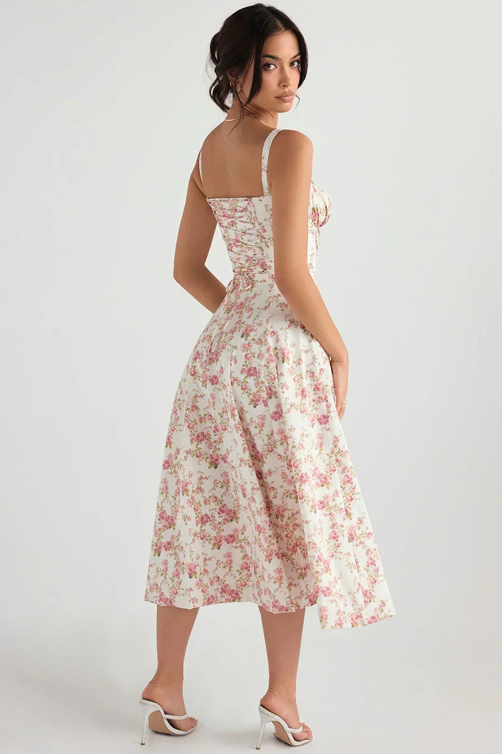 Floral Sweetheart Neck Tie Front High Split Midi Dress 11